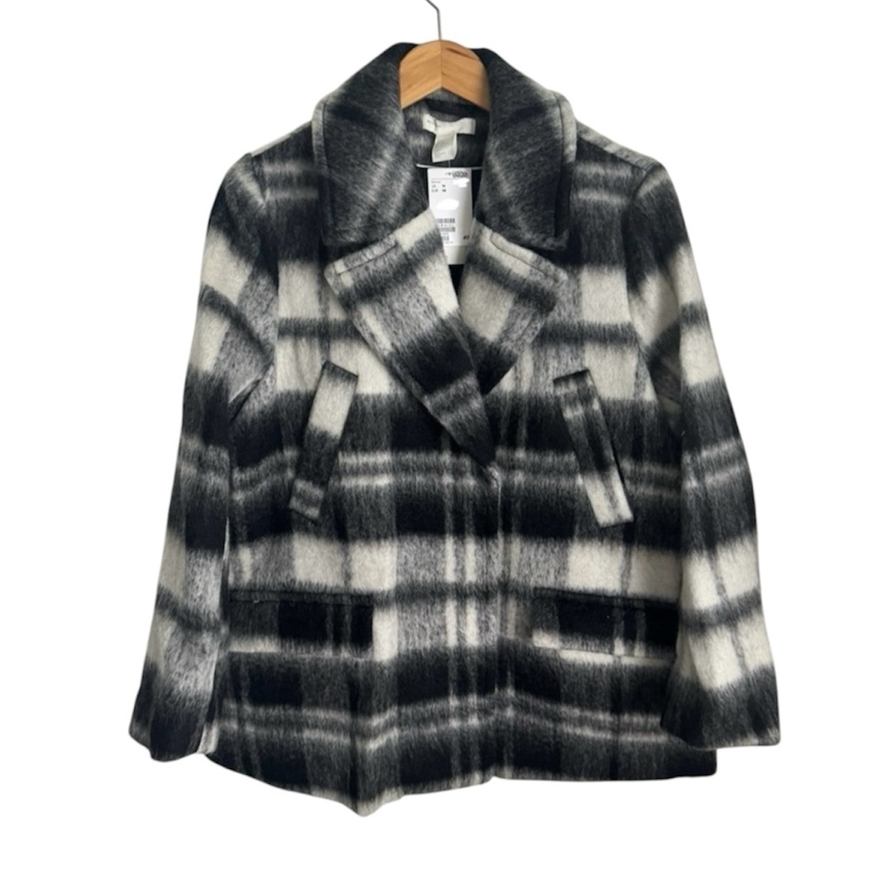 NWT Warm Woolly Black & White Plaid H & M Peacoat, XL